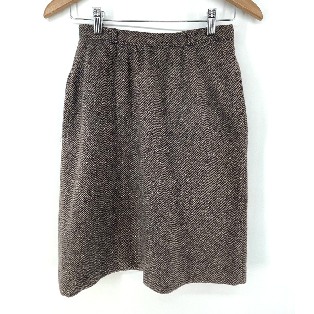 Vintage Tweed Skirt 10 Brown Wool Blend Herringbone Preppy Academia 25Wx25L‎